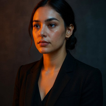 Portrait of a beautiful Asian woman in a black suit on a dark background