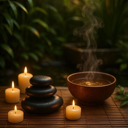 Spa still life with hot stones and burning candles on bamboo mat
