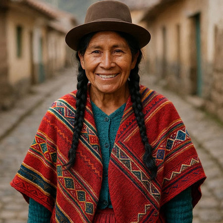 Portrait of an old woman with long braids in the village.