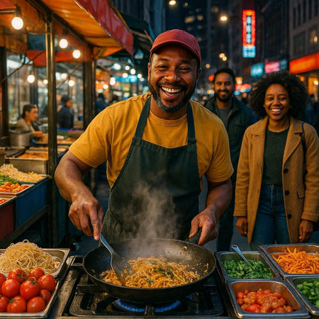 Smiling african american man cooking street food at night.