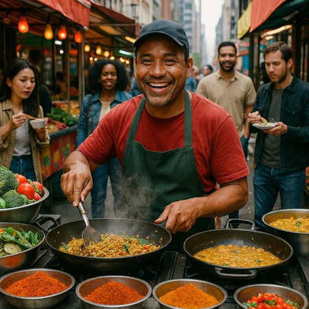 Cheerful african-american street vendor in apron cooking spicy paella at street food market.