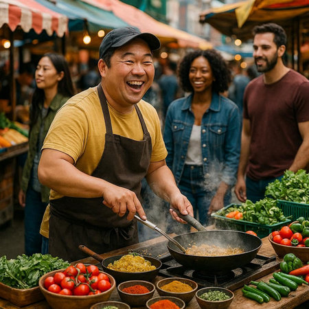 Portrait of a smiling asian man cooking at the market.