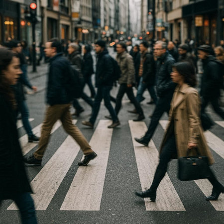Busy city street with people crossing the road (motion blurred image)