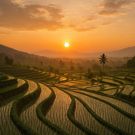 Terraced rice field at sunset in Bali, Indonesia.