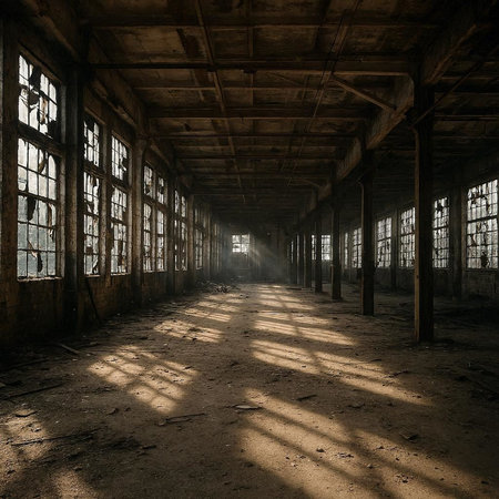 Abandoned industrial interior with sunlight passing through the old windows.