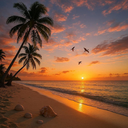 Beautiful sunrise on the beach with palm trees and seashells