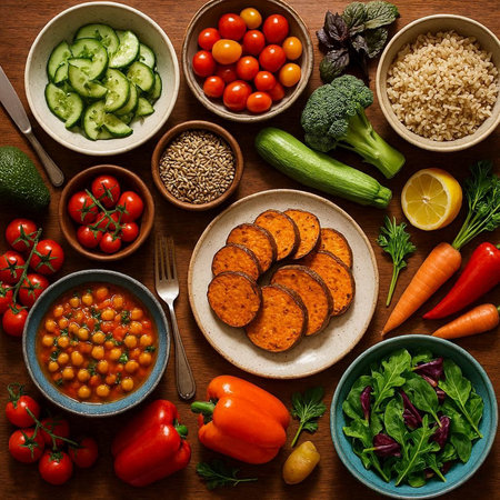 Healthy food concept. Vegetables, lentils, chickpeas, carrots, tomatoes, cucumbers and beans on wooden background