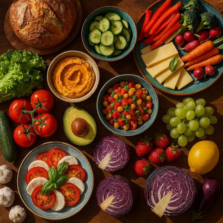 Healthy food background. Vegetables, fruits and other food on wooden table