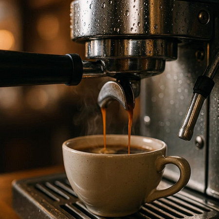 Coffee machine pouring coffee in a cup. Close up.