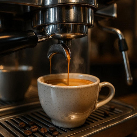 Coffee machine making espresso in a cup, close-up