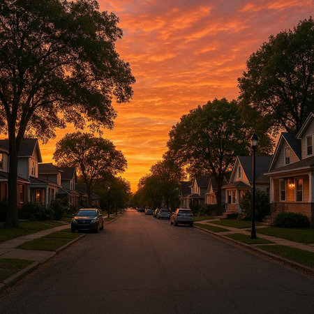 Sunset in a quiet neighborhood in the suburbs of Toronto, Canada