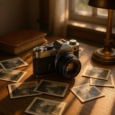 Vintage photo camera and old photos on the table. Retro photography concept