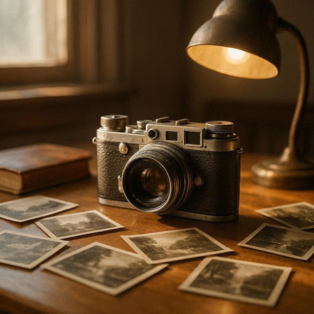 Vintage camera and old photos on a wooden table in a room