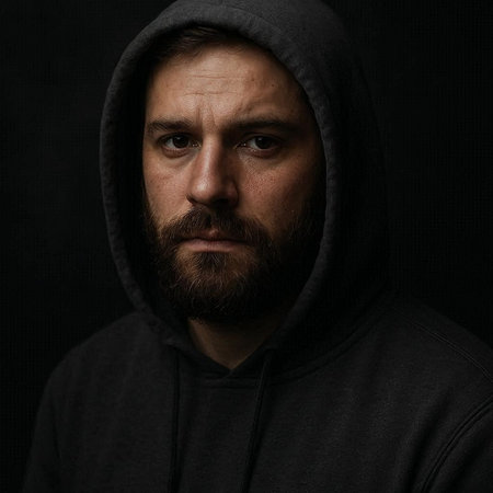 Portrait of a bearded man in a hood on a black background