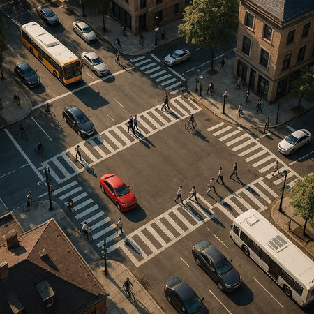 Aerial view of people crossing a crosswalk in New York City