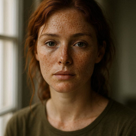 Portrait of a red-haired girl with freckles on her face