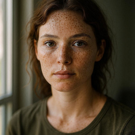 Portrait of a young woman with freckles on her face