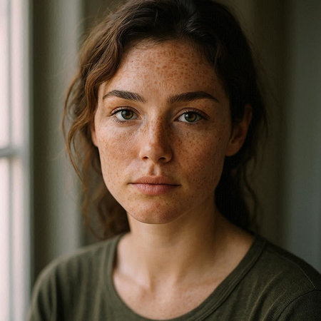 Portrait of a young woman with freckles on her face.