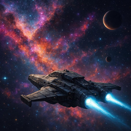 Space ship in deep space. Science fiction art. 3D rendering