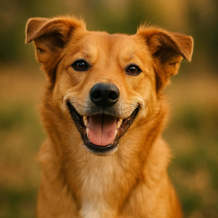 Portrait of a red dog on a background of green grass.