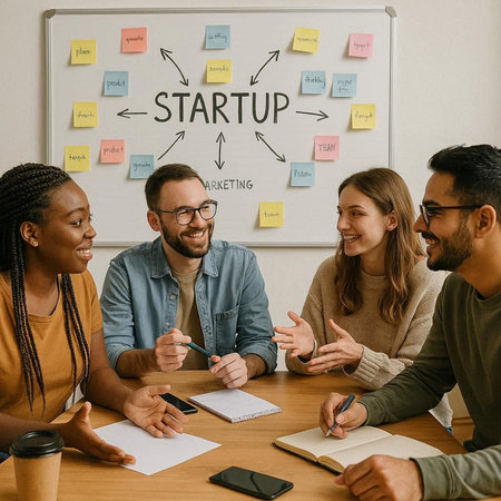 Startup concept. Group of multiethnic business people working together at office.