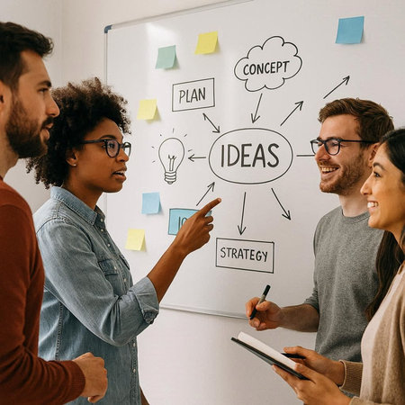 Group of multiethnic young people in casual clothes and eyeglasses standing near whiteboard with idea sketch