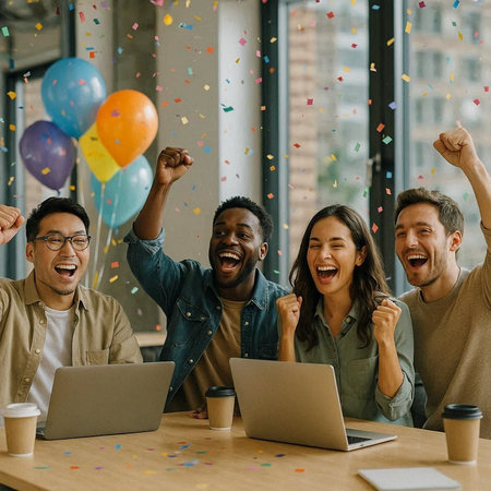 Group of happy multiethnic friends celebrating success at office party with confetti. Cheerful young men and women in casual wear sitting at table with laptops and celebrating success.