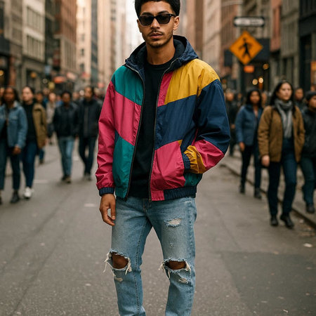 Fashionable man poses outside Gucci fashion show building for Milan Women's Fashion Week in Milan.