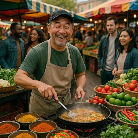 Cheerful man selling food on the street market. Smiling middle-aged man in apron standing near the stall with fresh vegetables.