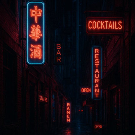 Illustration of a night street with neon signs and words Coronavirus (COVID-19)