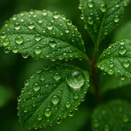Water drops on green leaves. Nature background. Shallow DOF.