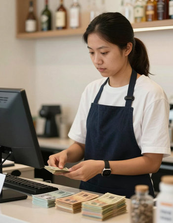 Young asian woman cashier counting money at counter in coffee shop