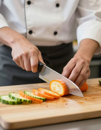 Chef cutting vegetables for salad in a commercial kitchen, closeup