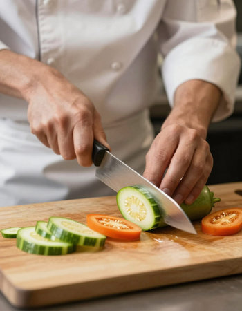 Chef cutting vegetables on wooden board in restaurant kitchen, closeup