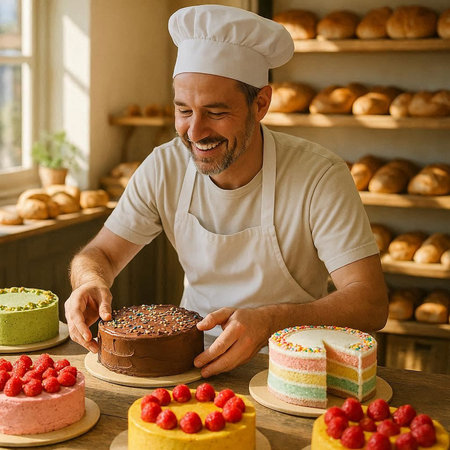 Chef decorating cake with raspberries in a bakery.