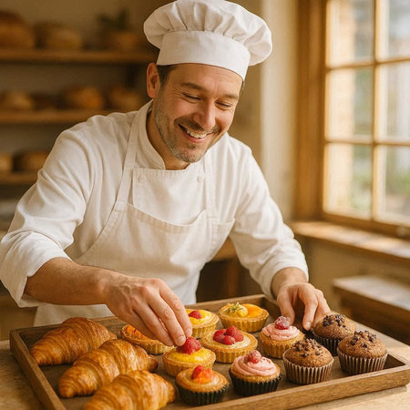 Cheerful male pastry chef in white uniform decorating cupcakes in a bakery