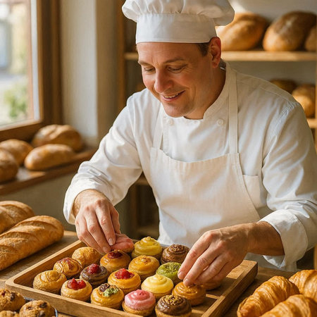 Baker holding tray with buns and croissants in bakery