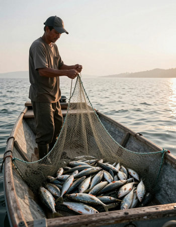 Fisherman in a boat with catch of mackerels on the sea