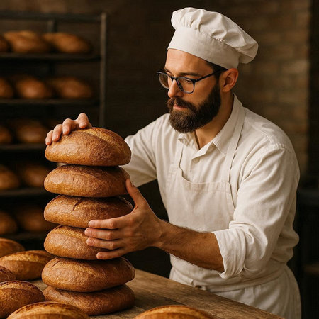 Handsome bearded baker in white uniform and eyeglasses is holding stack of freshly baked bread.