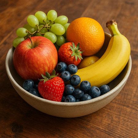 Fresh fruits in a bowl on a wooden background. Healthy food.