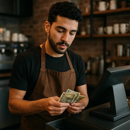 young bearded barista counting money at counter in coffee shop and smiling