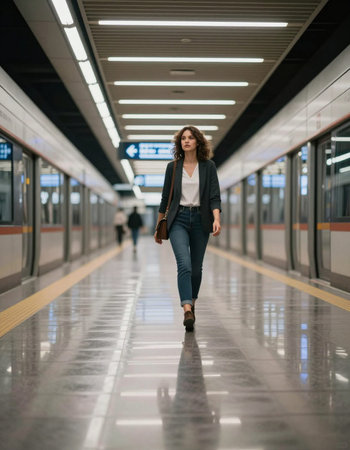 Young beautiful brunette woman with long hair posing in the metro station