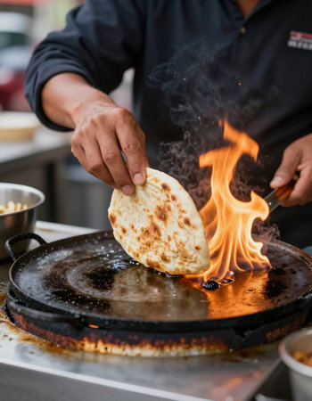 Chef cooking a pancake in a hot frying pan with flames
