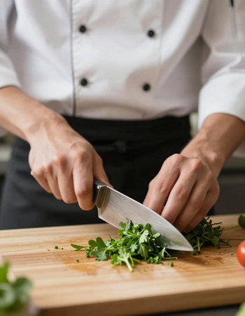 Chef cutting parsley on a wooden board in a restaurant kitchen