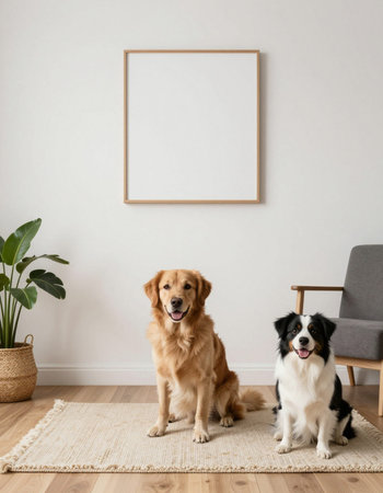 Interior of living room with blank mock up poster frame, dog and armchair
