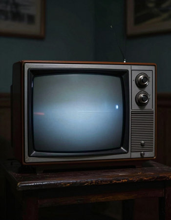 Vintage TV set on a wooden table in a room of an old house