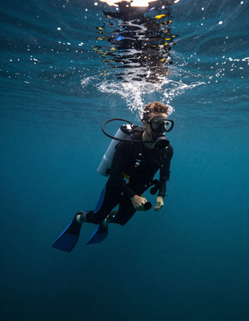 Scuba diver in the deep blue sea. Underwater photography.