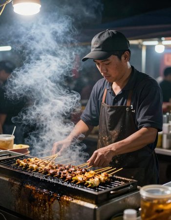Man cooking grilled chicken on the grill at night market in Thailand.