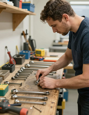 Man working in a carpentry workshop, he is using a wrench