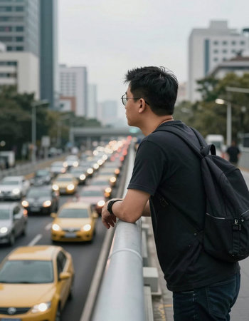 Young Asian man standing on the bridge and looking at the traffic jam